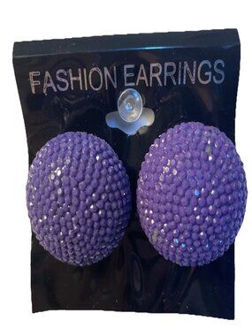 Purple Rhinestone Gum Drop Stud Earrings Beaded Disco Ball Pave Dome Pierced